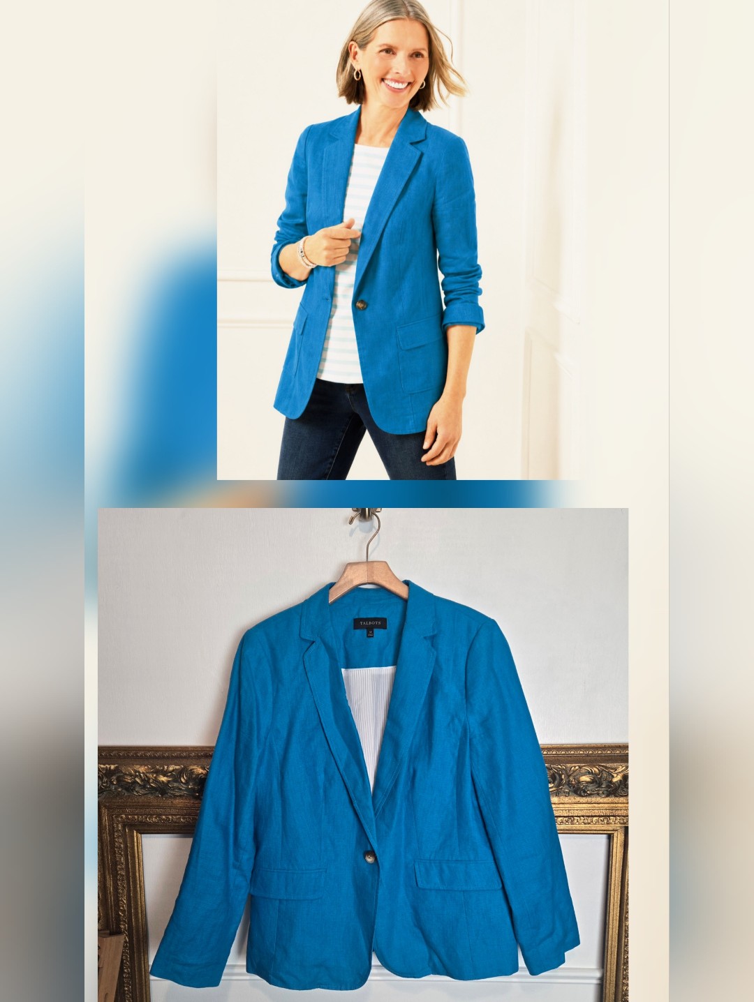 New 100% Linen Talbots Women’s Blue Single-Button Blazer Jacket Size 14